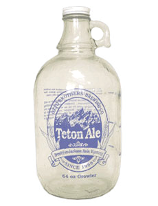 A photo of the original modern glass growler, created by Charlie Otto of Otto Brothers Brewery (now Grand Teton Brewing.)