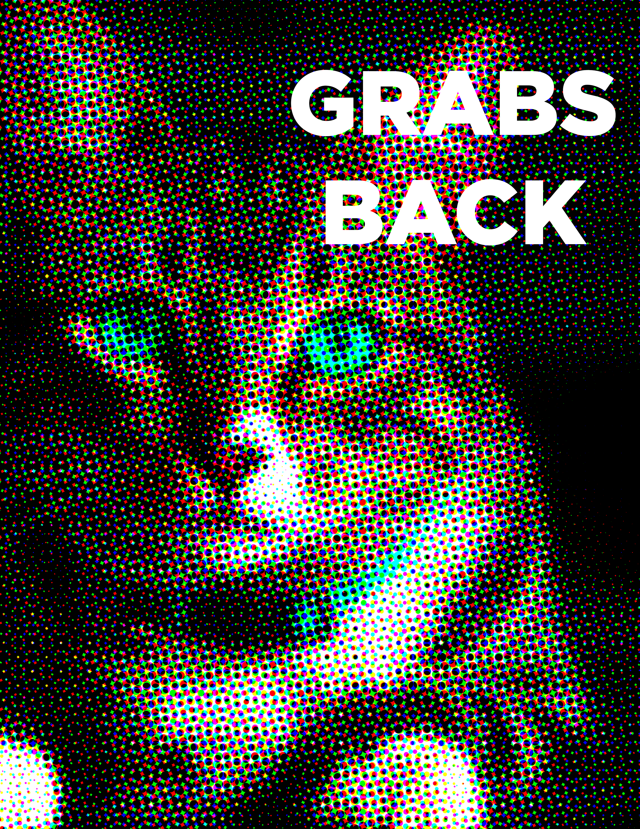 A printable Women's March sign with a photo of a cat (or a pussy) done in pointillism/comic book style with the words "Grabs Back"