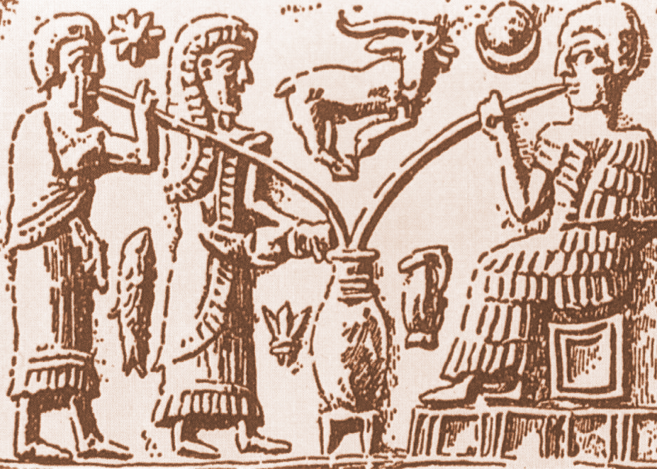 Image of Sumerian beer wallowers with straws, depiction about 3000 b.c., today part of the collection of the Vorderasiatischen Museums Berlin