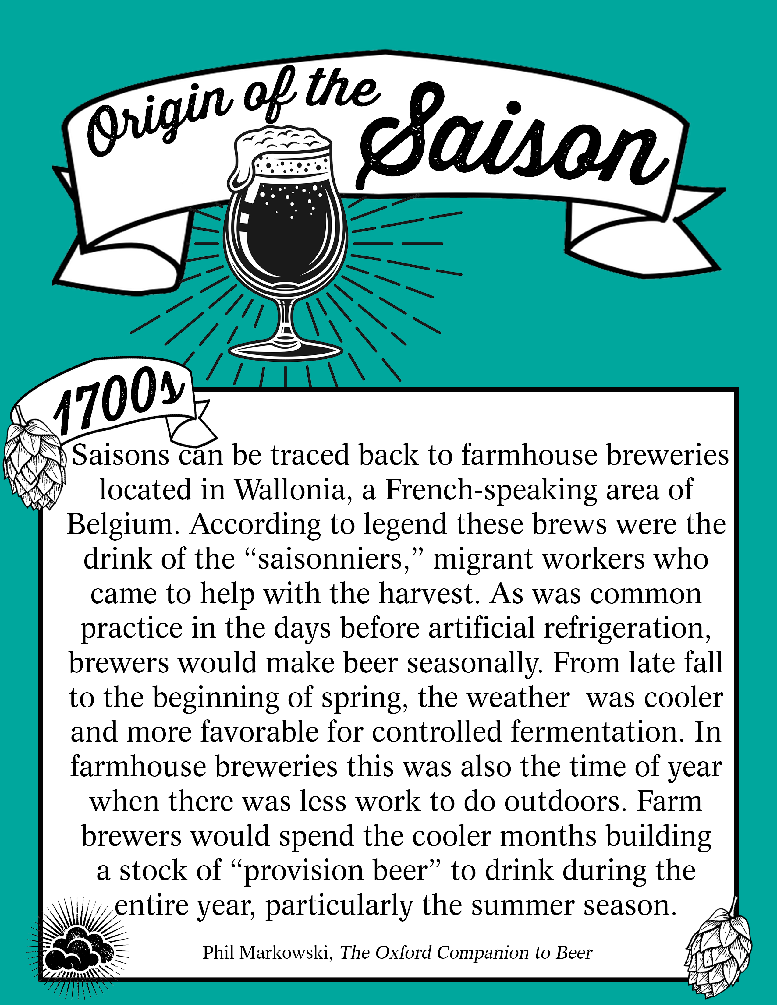 A graphic describing the origin of the saison beer style. This is an excerpt from The Oxford Companion to Beer written by Phil Markowski.