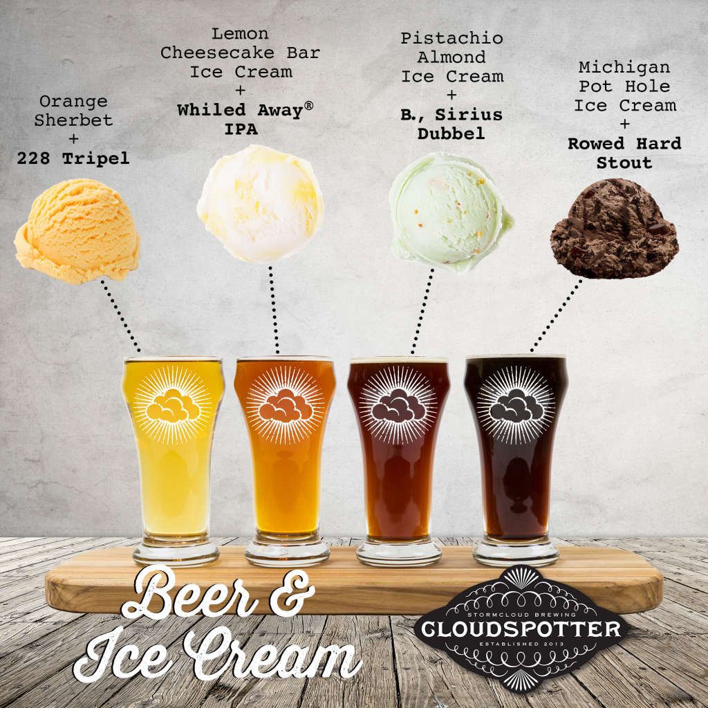 A beer and ice cream pairing chart, matching Stormcloud Brewing Co. beer with various ice cream flavors.